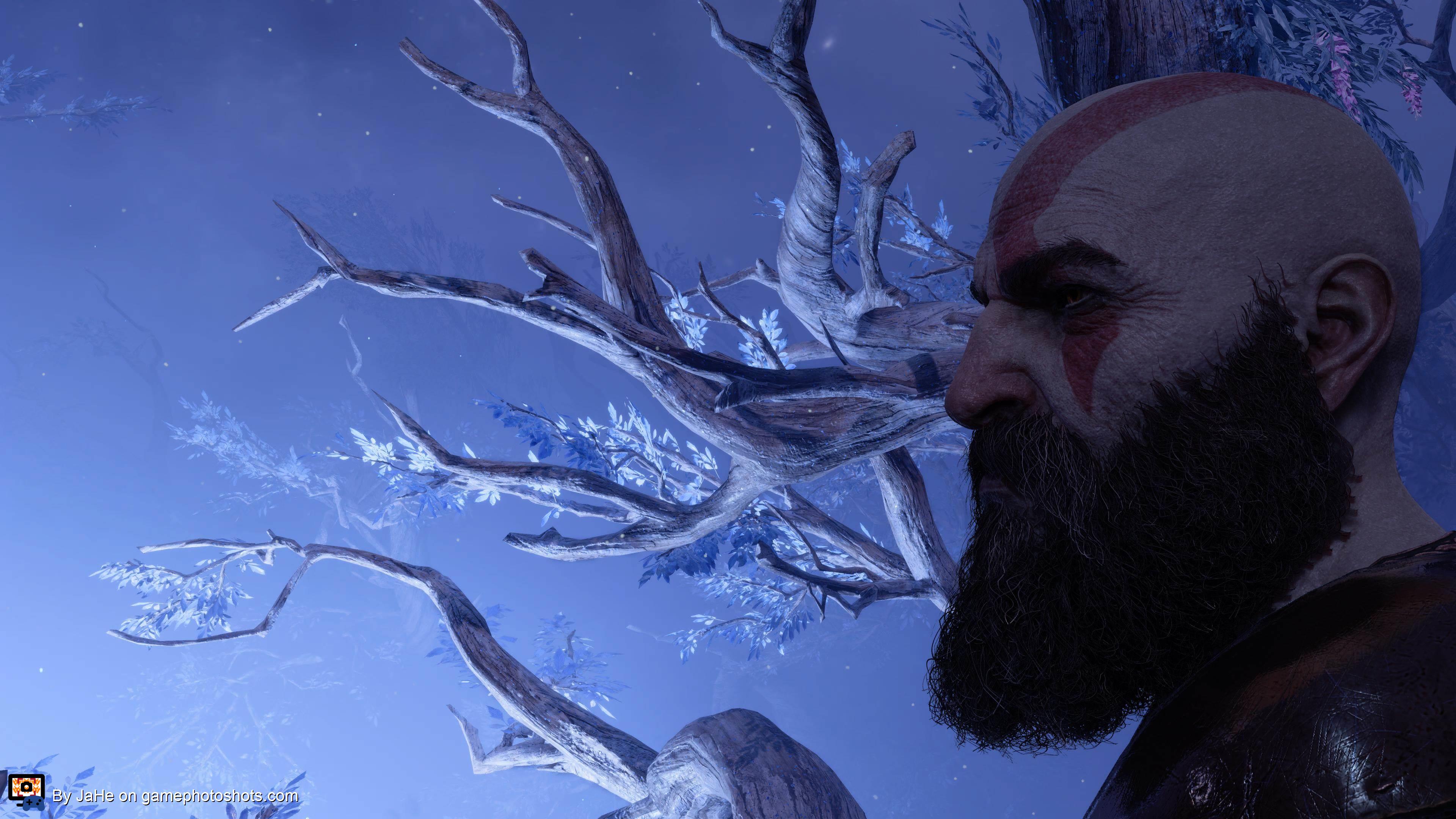 Kratos in front of Yggdrasil tree