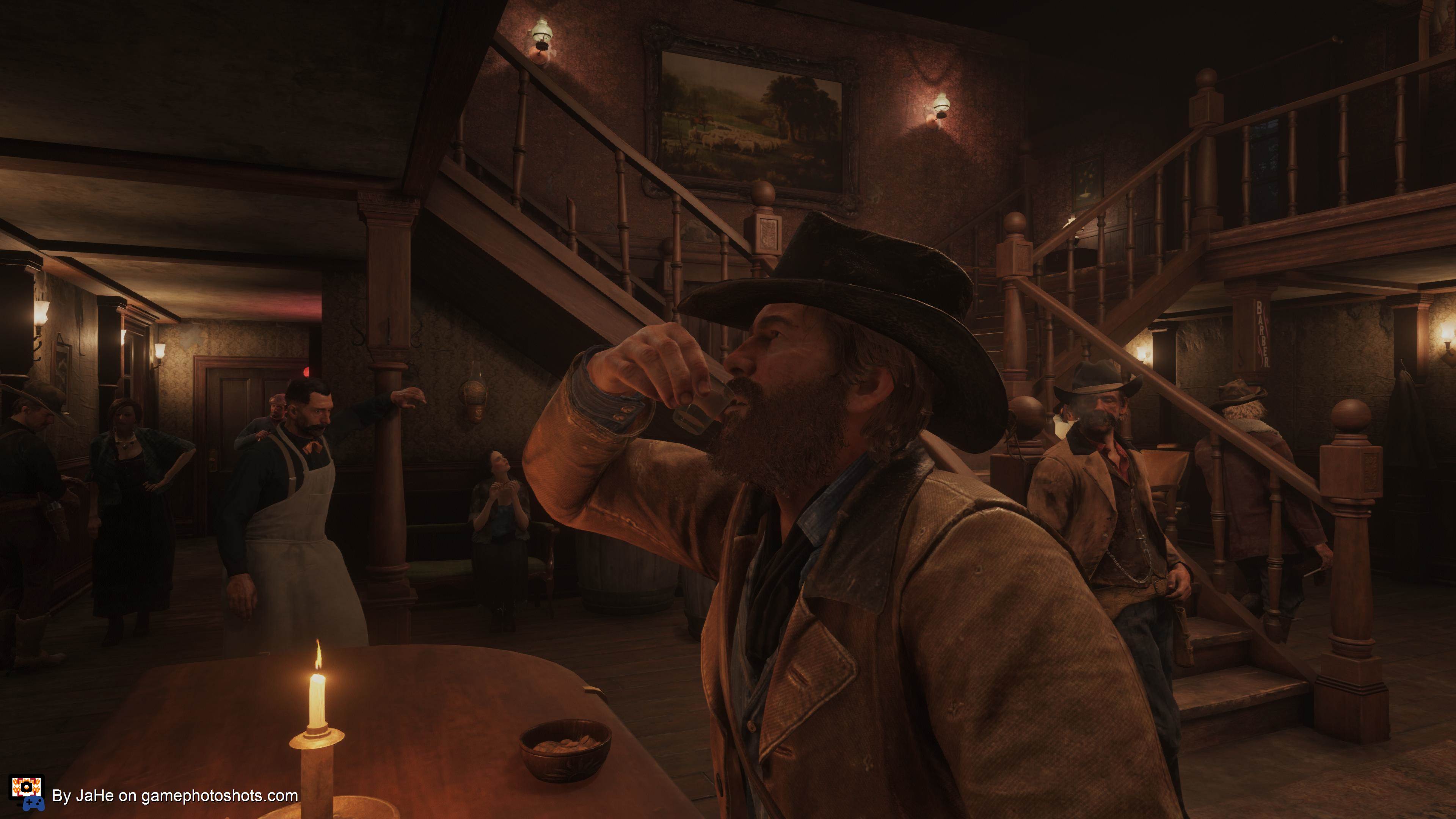 Taking a shot of whisky at the Saloon